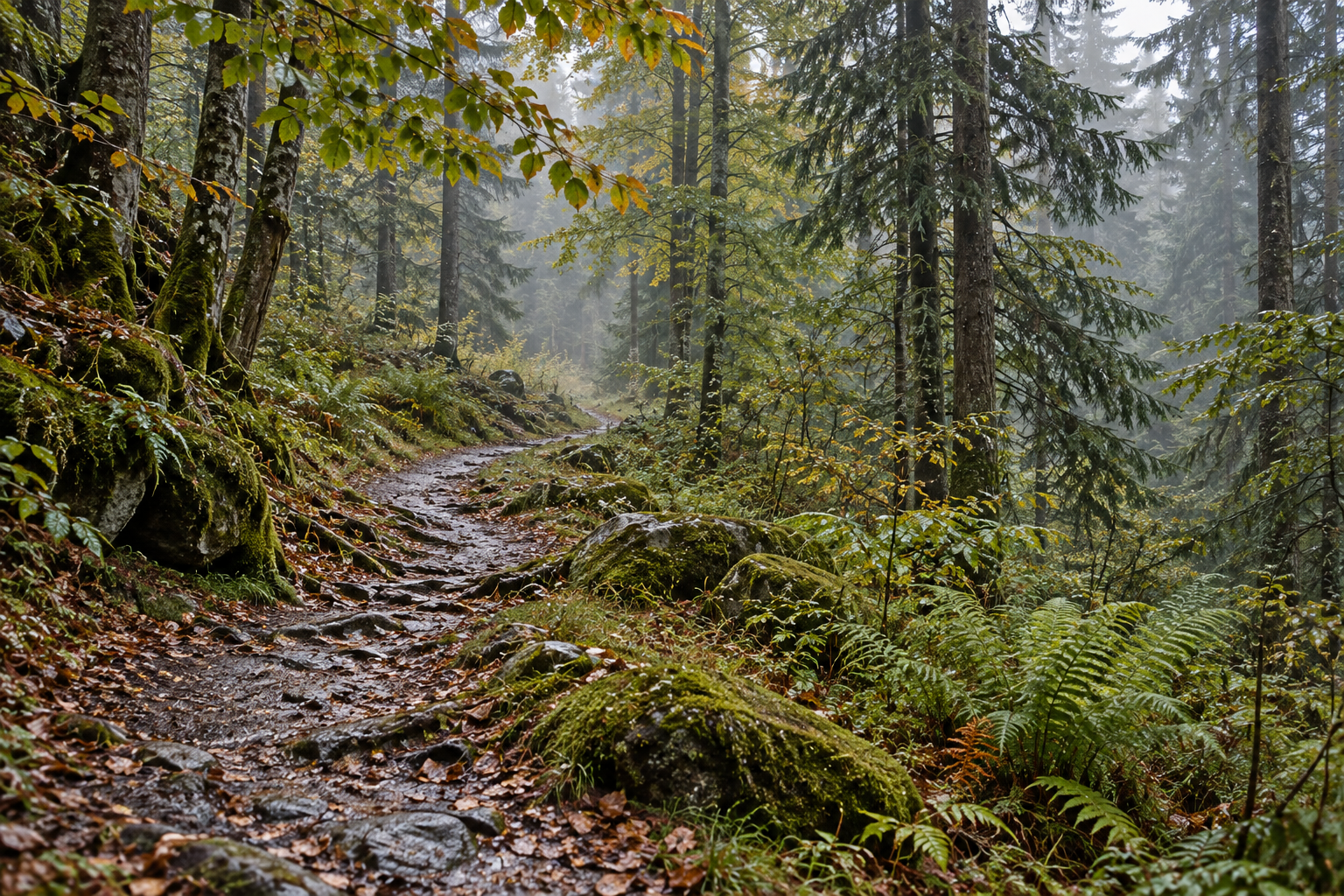 Regennasser Waldweg zwischen Fichten, Buchen und Farnen