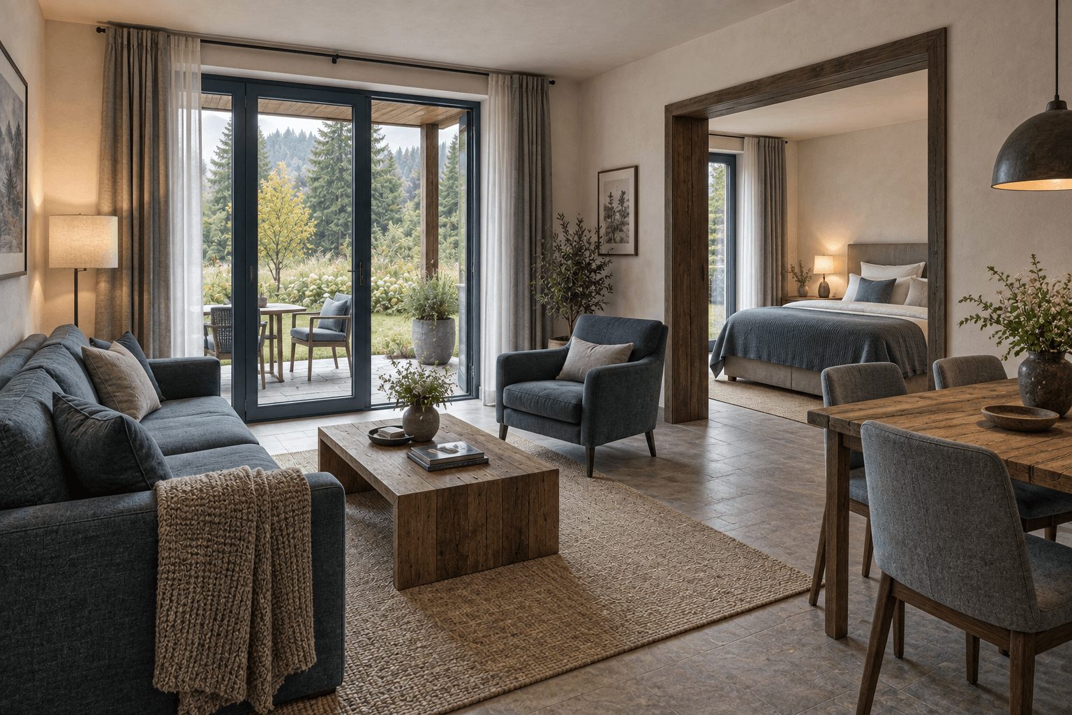 Gartensuite mit Wohnraum, Essplatz, Schlafzimmer und Terrassentür