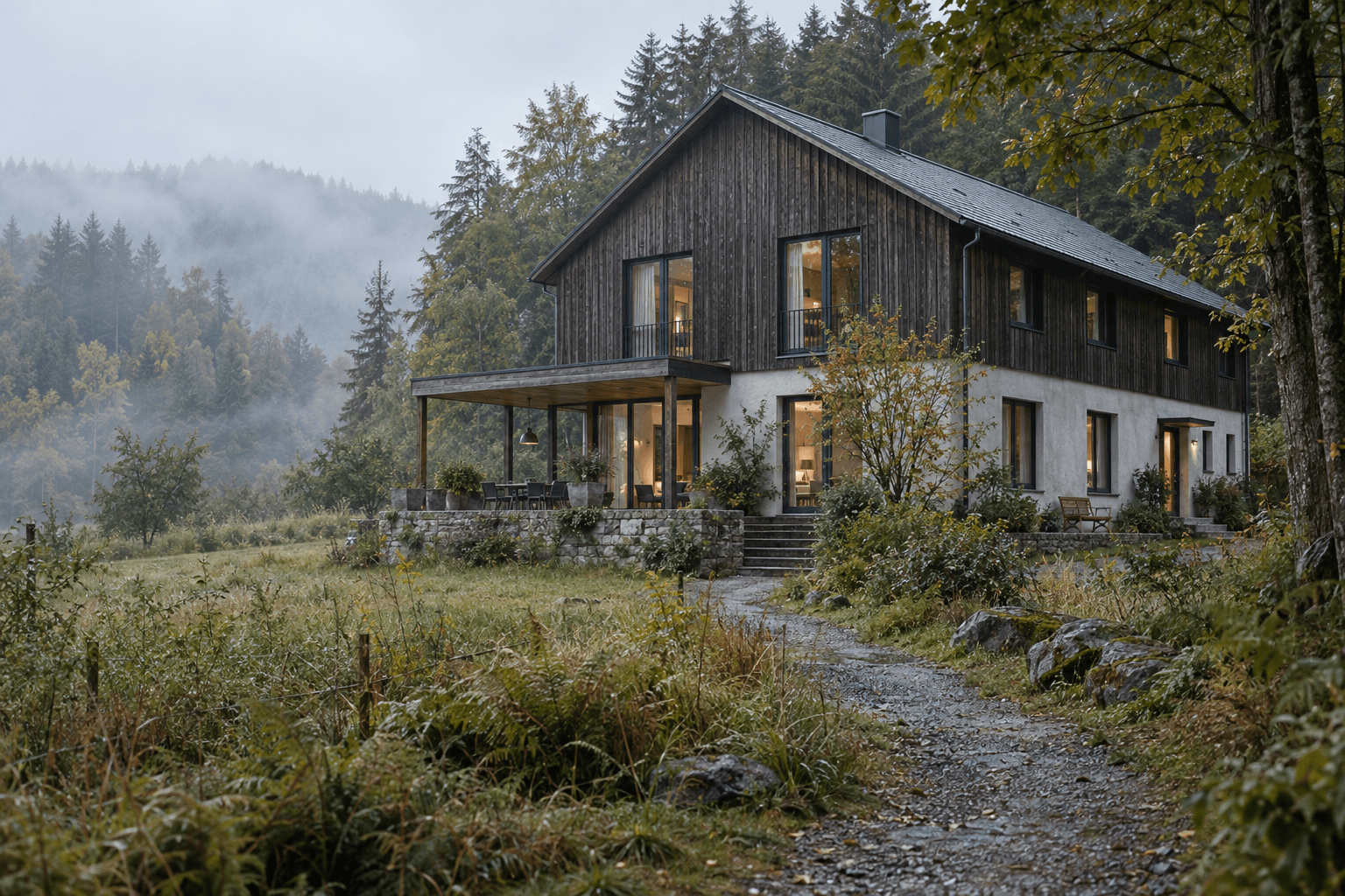 Kleines Holz- und Steinhaus am nebligen Waldrand
