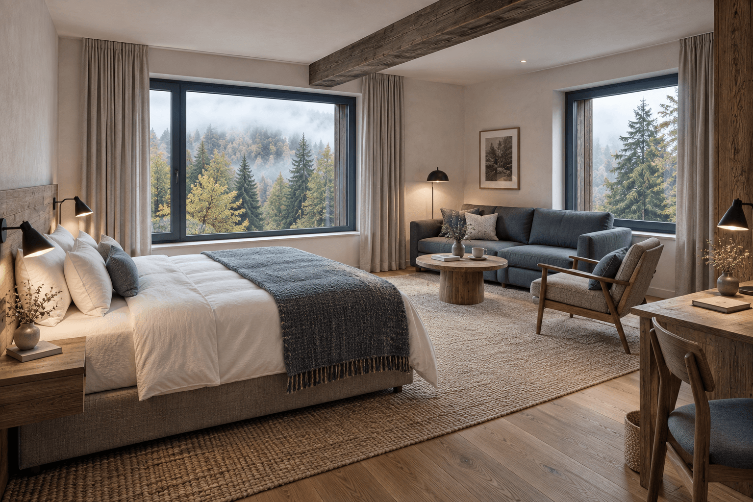 Großes Panoramastudio mit Bett, Sofa und zwei Waldfenstern