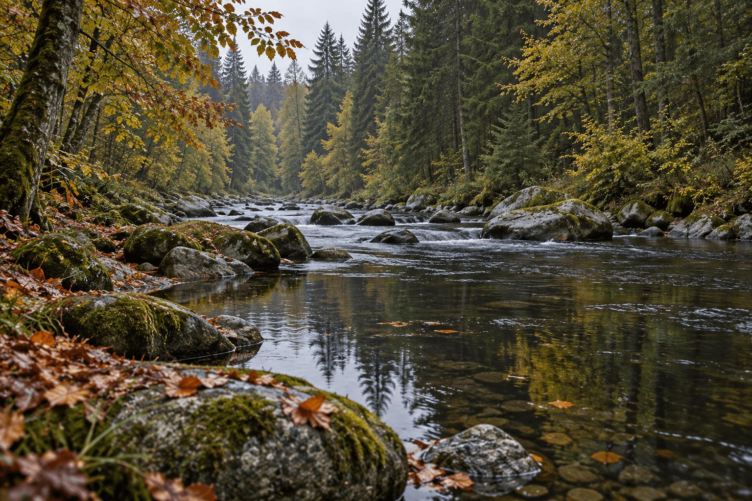 Flacher Waldfluss zwischen moosigen Granitsteinen