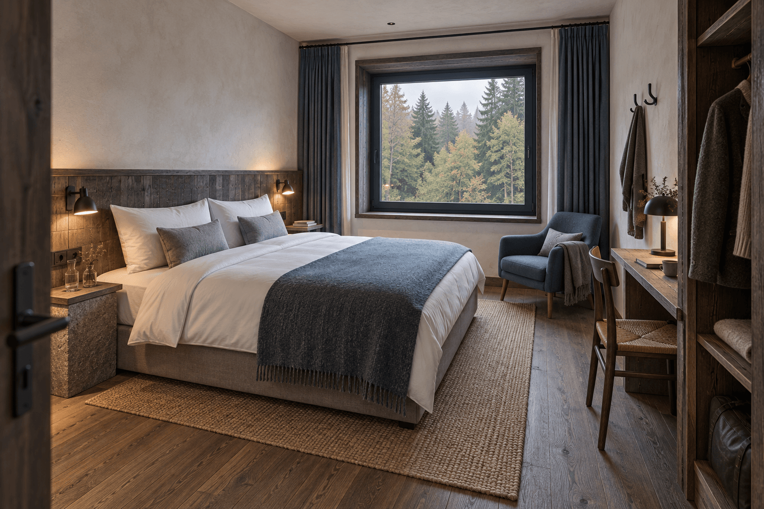 Kompaktes Waldzimmer mit Doppelbett, Schreibtisch und Blick in den Wald